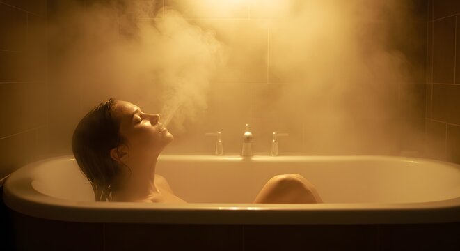 Woman Relaxing in Steamy Bathtub. Hot Bath with Steam