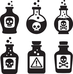 Potion bottle bundle in flat black silhouette vector design with toxic warning icons set illustration
