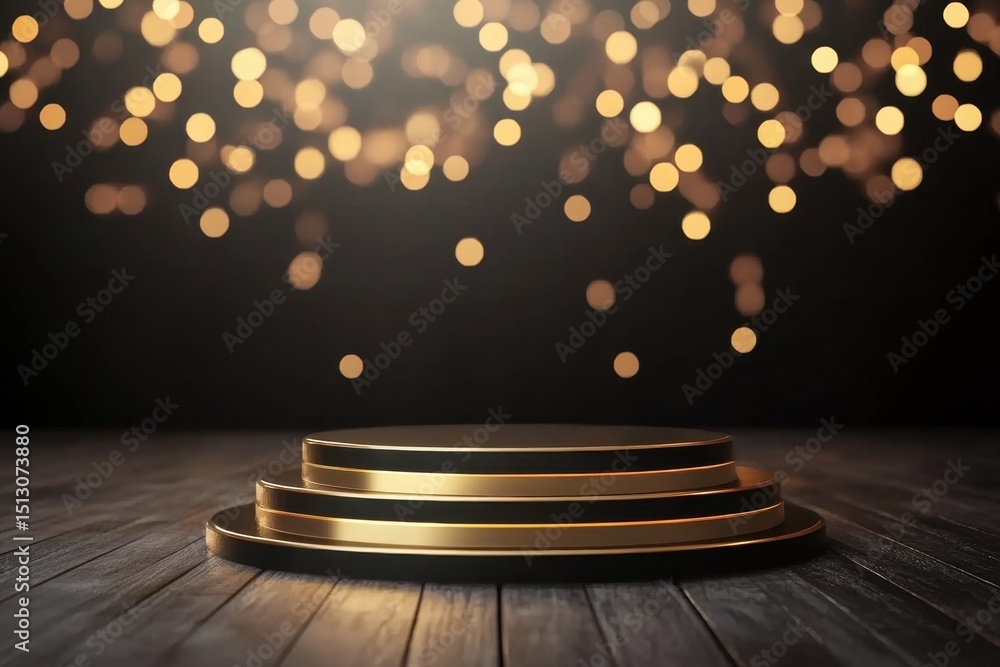 Poster this image features an elegant multi-tiered platform resting on a wooden floor, illuminated by glowi