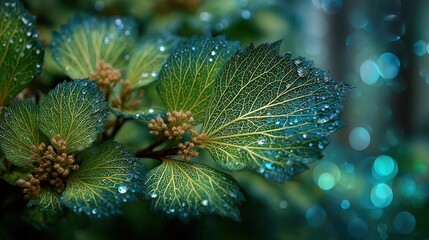 Fototapeta premium Close-up of vibrant green leaves with glistening water droplets, showcasing rich deep green hues and prominent lighter-colored veins, surrounded by small clusters of brownish buds. Softly blurred back