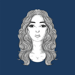 illustration art hand drawn beautiful woman curly hair with blue background tattoo and t-shirt design