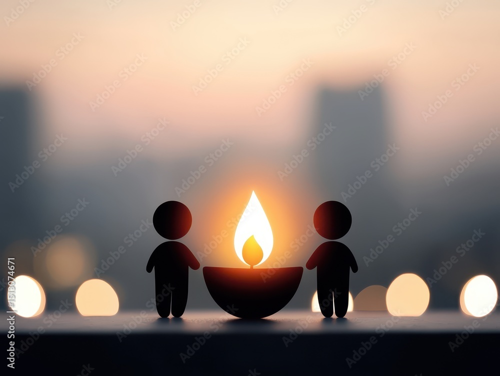 Poster two figures stand beside a glowing candle, symbolizing unity and warmth, with a soft, blurred citysc