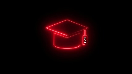 Graduate student loan concept. Government loans, Education financial assistance.Neon graduation cap icon on black screen.