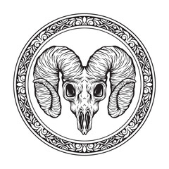 illustration art hand drawn black and white goat skull with circle engraving frame tatoo and t-shirt design