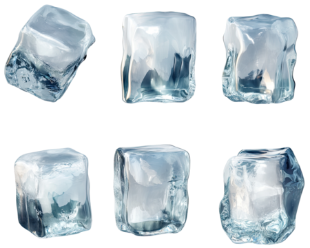 Nine ice cubes in various positions, displaying realistic transparency and texture