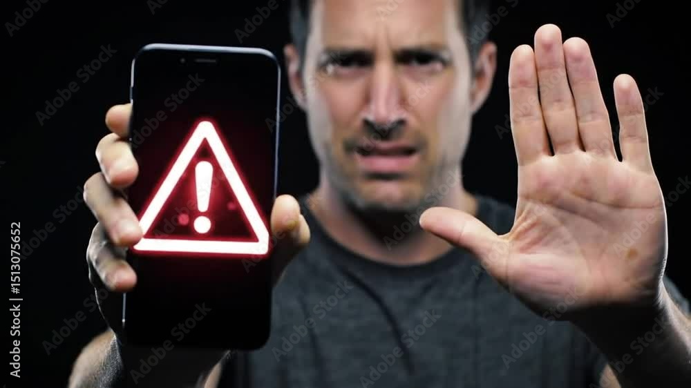 Poster distressed man holding a smartphone displaying red warning symbol showing stop sign with open palm o