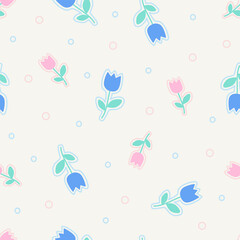 Cartoon tulip vector pattern, seamless repeating background. Pastel hand-drawn flower pattern with icons, floral design for cards, fabric, wrapping, textiles, wallpaper, and stationery.