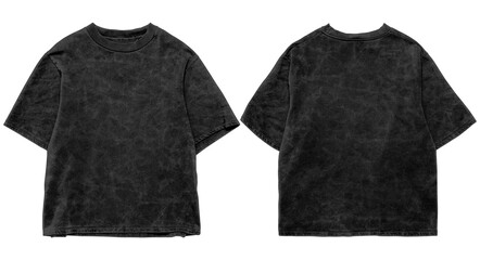 Blank oversized shirt with washed out texture, front and back with black color and isolated in white background, for mockup template or print