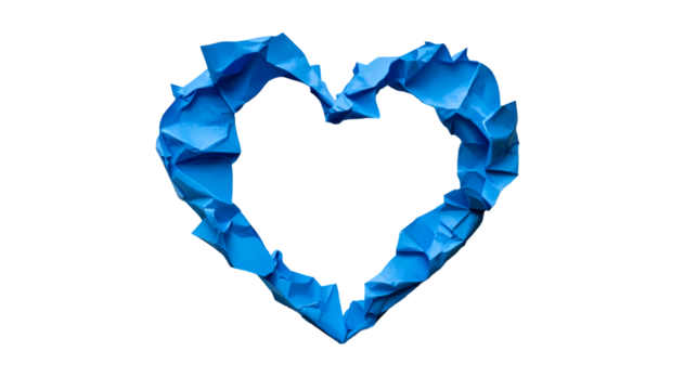 Blue crumpled paper heart shape symbolizing love and fragility of emotions isolated on transparent background