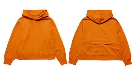 Blank hoodie mockup design front and back orange color premium template isolated on white background