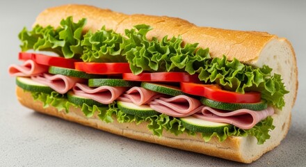 Large sub sandwich with fresh lettuce, tomato, cucumber, ham, and onion on a baguette