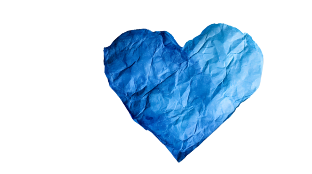 A crumpled blue paper heart shape  a stark  creating a simple contrast isolated on transparent background