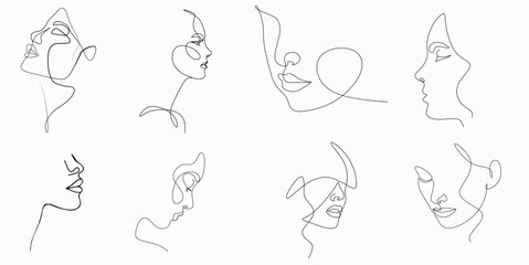 Set of female face side profile one line vector,Elegant women's faces in one line art style . Continuous line art in minimalistic style for prints, tattoos, posters, textile, cards ,Set of portraits. 