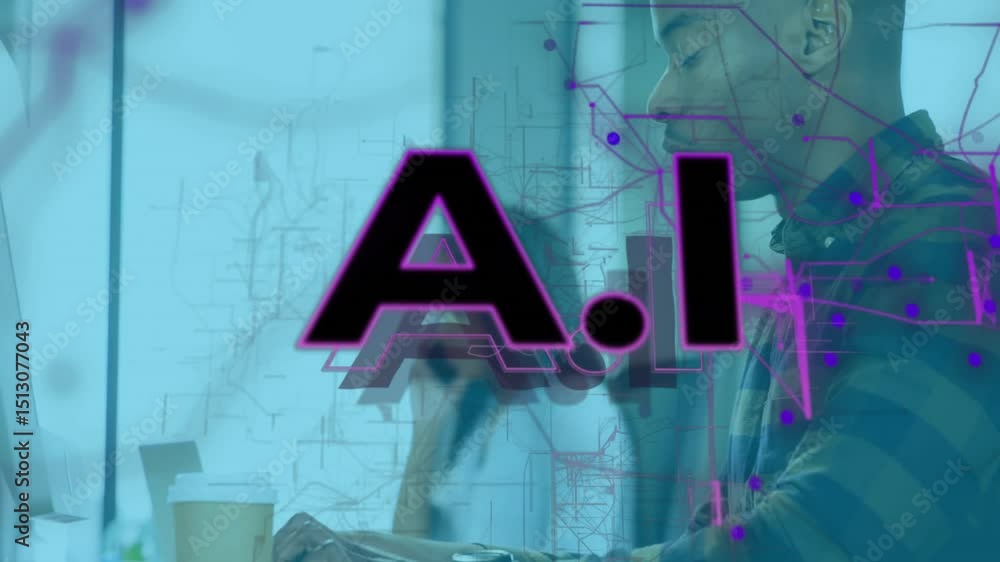 Poster business team typing keys and using headset causing ai graphic expanding and showing data flows