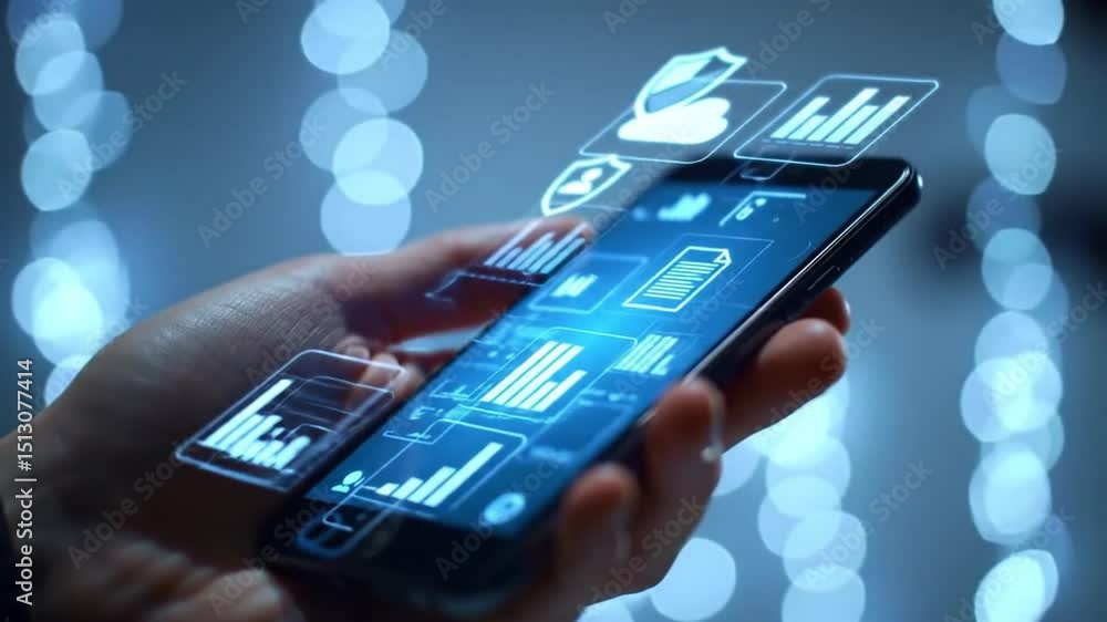 Poster hand holding smartphone displaying digital data and icons with bokeh lights creates futuristic techn