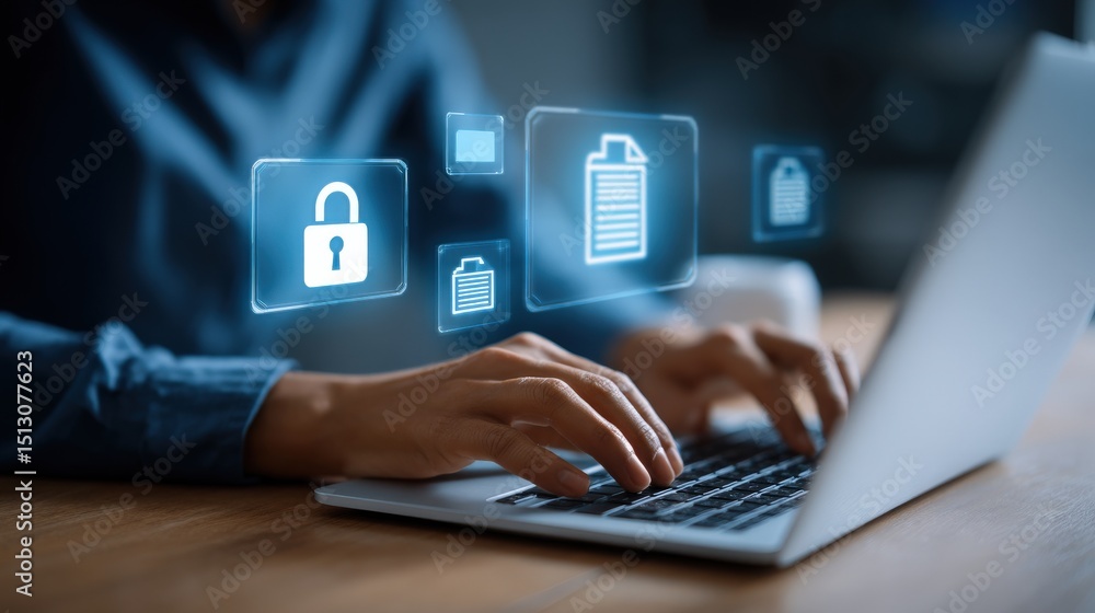 Poster digital security: hands actively engaged with a laptop, as data and virtual security symbols and doc