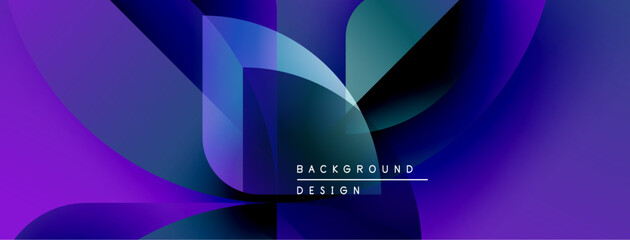 Abstract design features flowing shapes, vibrant purple hues, dark blues. Modern aesthetic, dynamic composition, gradient effects present.