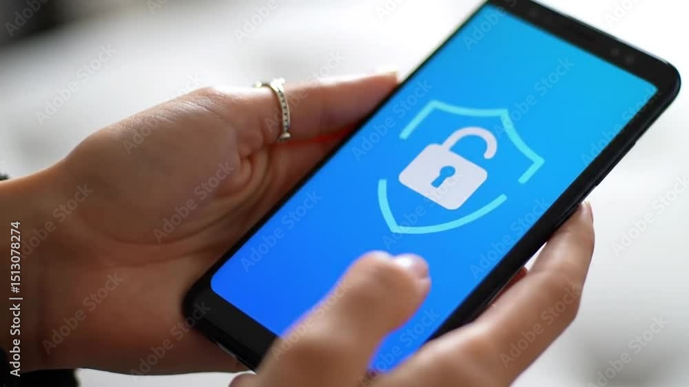 Poster hands holding smartphone displaying security shield with unlocked padlock on blue screen