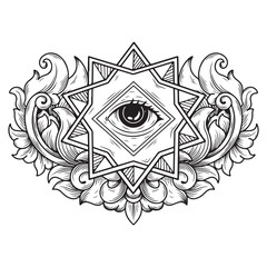 illustration art hand drawn black and white one eye pentagram with engraving ornament tattoo logo and t-shirt design