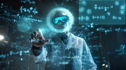 Scientist interacting with holographic equations in lab - Powered by Adobe