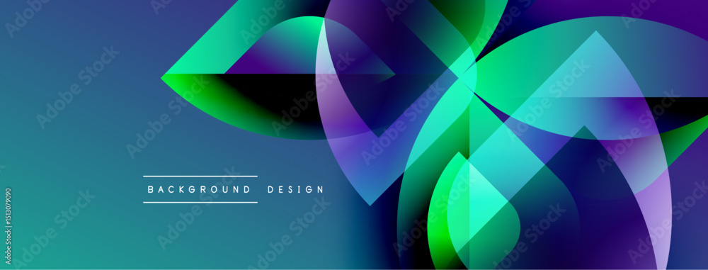 Poster abstract vibrant design. overlapping shapes create dynamic visual effect. blue, green, purple hues d