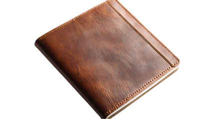 A close up shot of a brown leather notebook with stitching  and an elastic band isolated on transparent background
