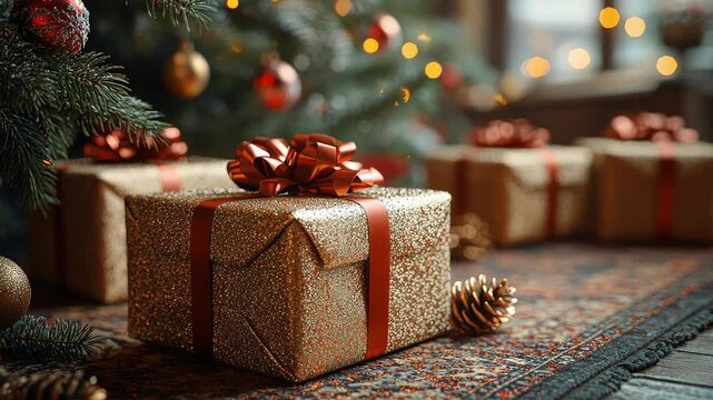 Festive Christmas presents under a beautifully decorated tree