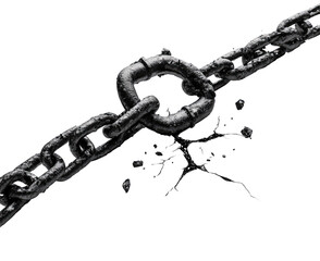 A heavy metal chain breaks apart, its links severed