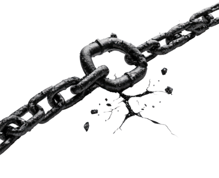 A heavy metal chain breaks apart, its links severed