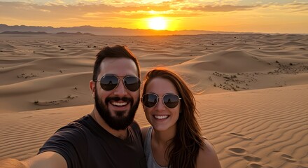 Couple Selfie in Desert at Sunset - Smiling Man and Woman with Sunglasses