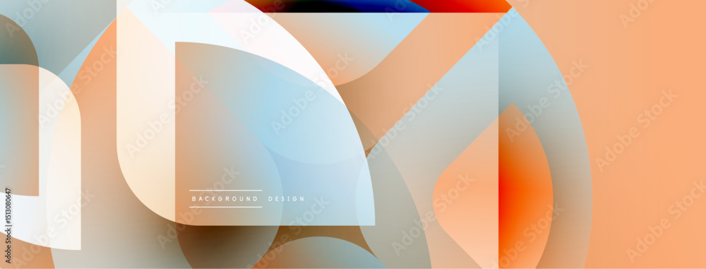 Poster abstract geometric shapes overlap, creating vibrant gradient banner. peach, blue hues dominate desig