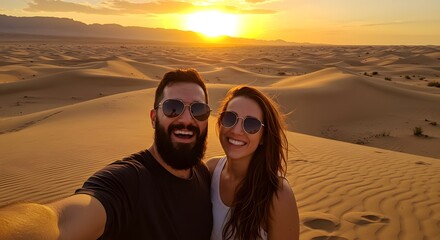 Couple Selfie in Desert at Sunset - Happy Man and Woman with Sunglasses
