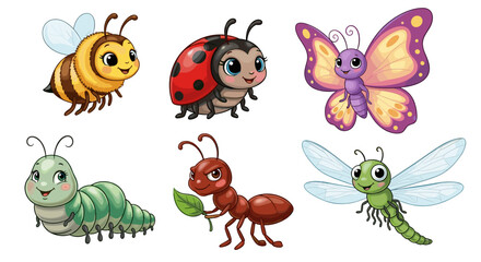 Obraz premium Illustration of six cartoon insects including a bee ladybug butterfly caterpillar ant and dragonfly