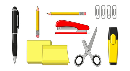 An illustration of office supplies including a pen pencils stapler and sticky notes on white background
