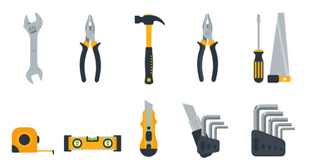 Illustration of various hand tools including wrench, pliers, hammer, and screwdriver on white background