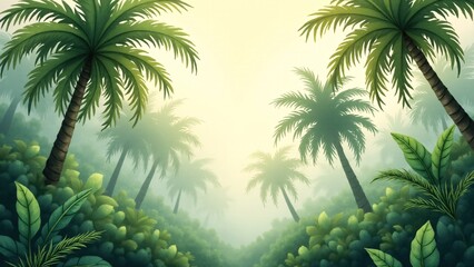Misty Tropical Jungle With Palm Trees
