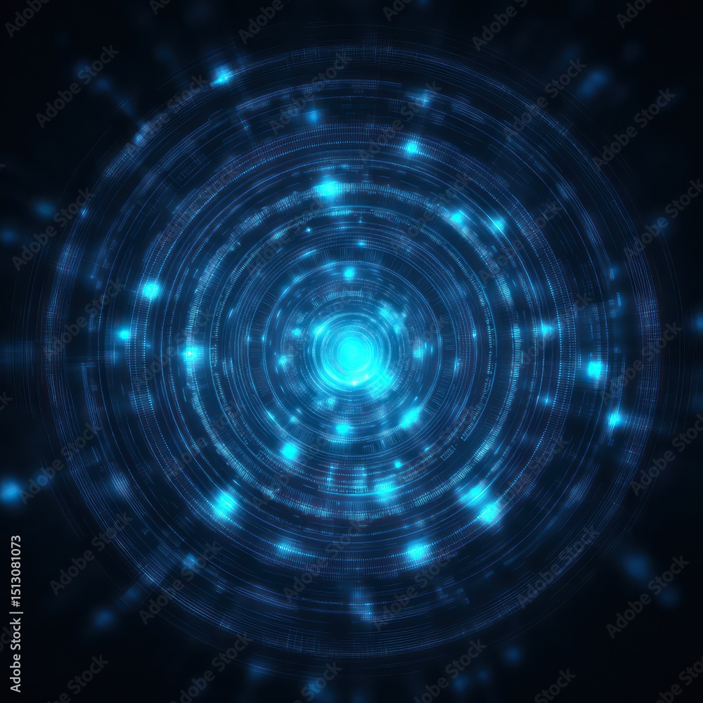 Poster glowing circular tech pattern in blue, symbolizing cutting-edge technology and digital trends.