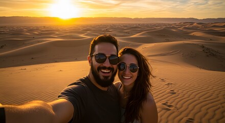 Couple Taking Selfie in Desert at Sunset - Sand Dunes, Adventure, Travel