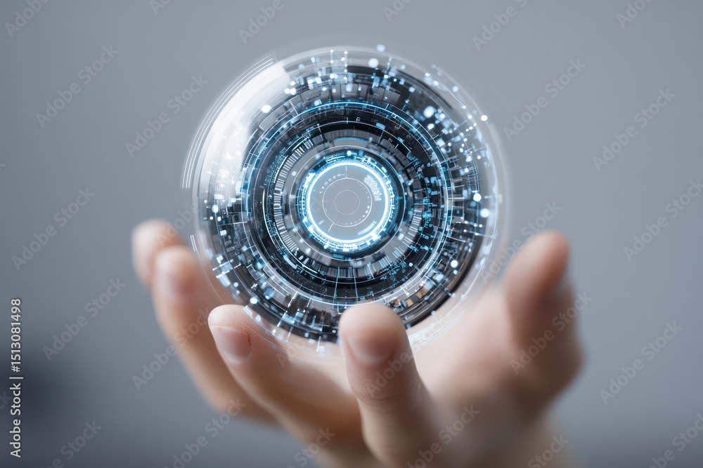Poster futuristic holographic interface with interactive tech elements, representing modern digital systems