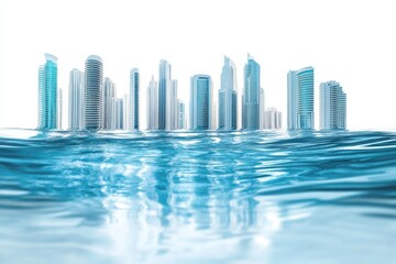 City skyline submerged in water, illustrating climate change, flood risk, and urban planning concepts. use cases: environmental awareness.