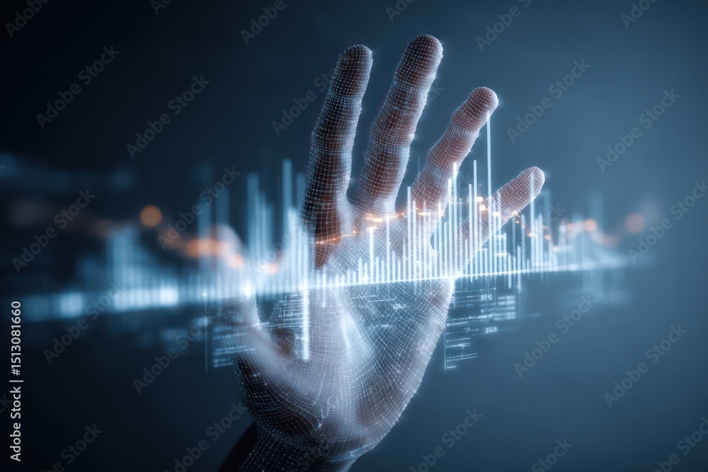 Poster hand with futuristic technology manipulating digital graphs and analyzing business data.