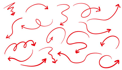 手書きの矢印のイラストセット　ベクター赤
