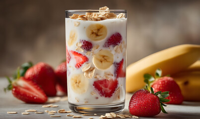 Cereal flakes in a glass of milk with fresh fruits, strawberries and bananas, soft creamy texture of milk.