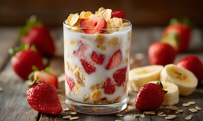 Cereal flakes in a glass of milk with fresh fruits, strawberries and bananas, soft creamy texture of milk.