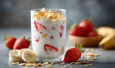Cereal flakes in a glass of milk with fresh fruits, strawberries and bananas, soft creamy texture of milk.