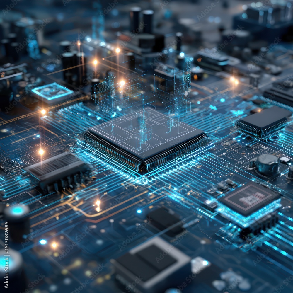 Poster a digital motherboard with advanced communication structures, exemplifying futuristic technology.