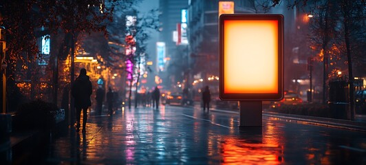 Fototapeta premium Foggy City Street Mockup with Neon Lights Blank Advertisement Board and Pedestrians