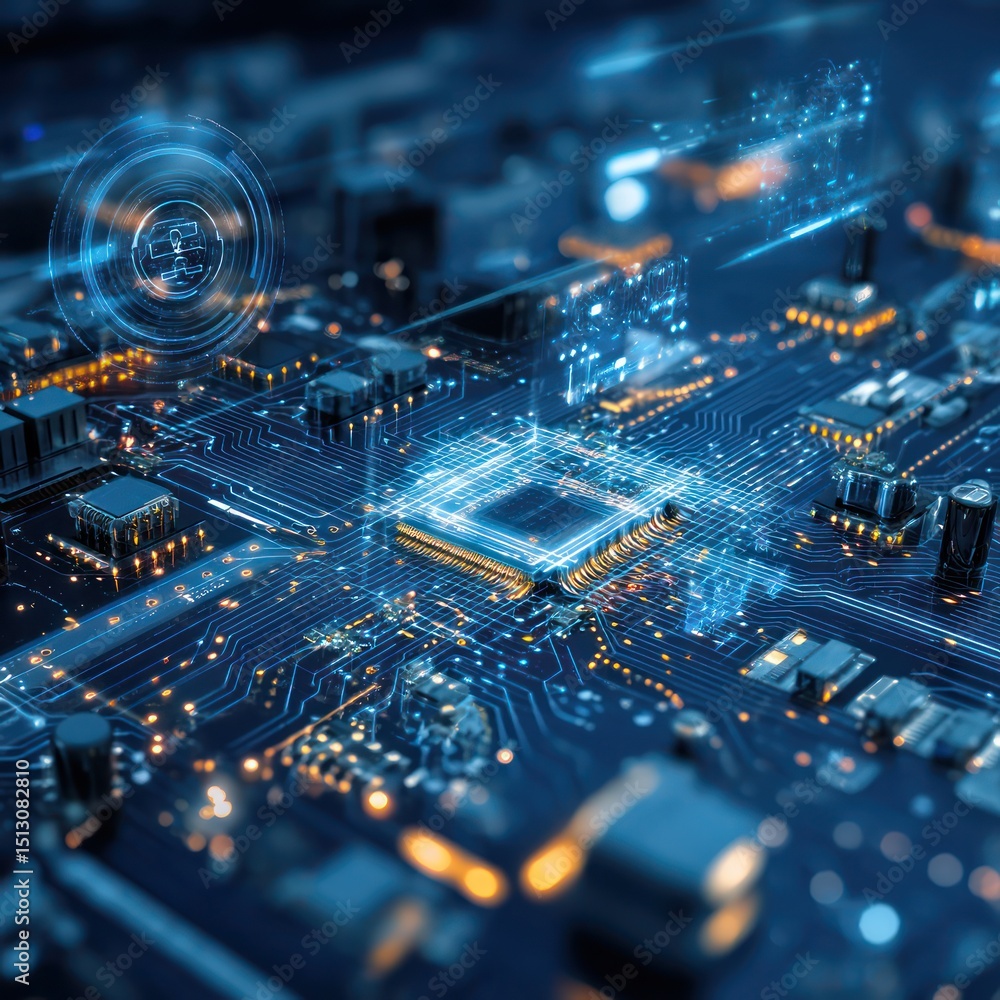 Poster technology motherboard design with intricate communication components in a digital age.