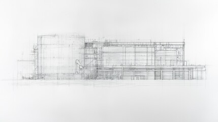 Sketch of an industrial facility showcasing intricate architectural details and structural elements in a minimalist style