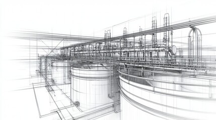 Obraz premium Detailed technical sketch of industrial tanks and piping system in a facility
